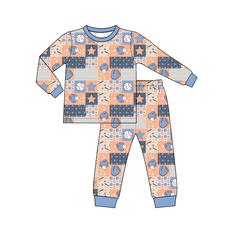 (Custom Design Preorder MOQ 5 Each)Baseball Print Boys Fall Pajamas Clothes Set Brothers Wear