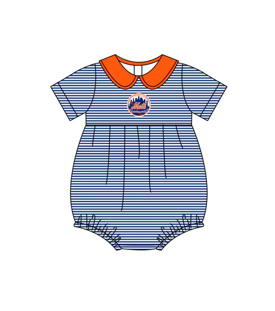 (Custom  Preorder MOQ 5) Baby Girls Short Sleeve New York Mets Stripe Team Ruffle Rompers