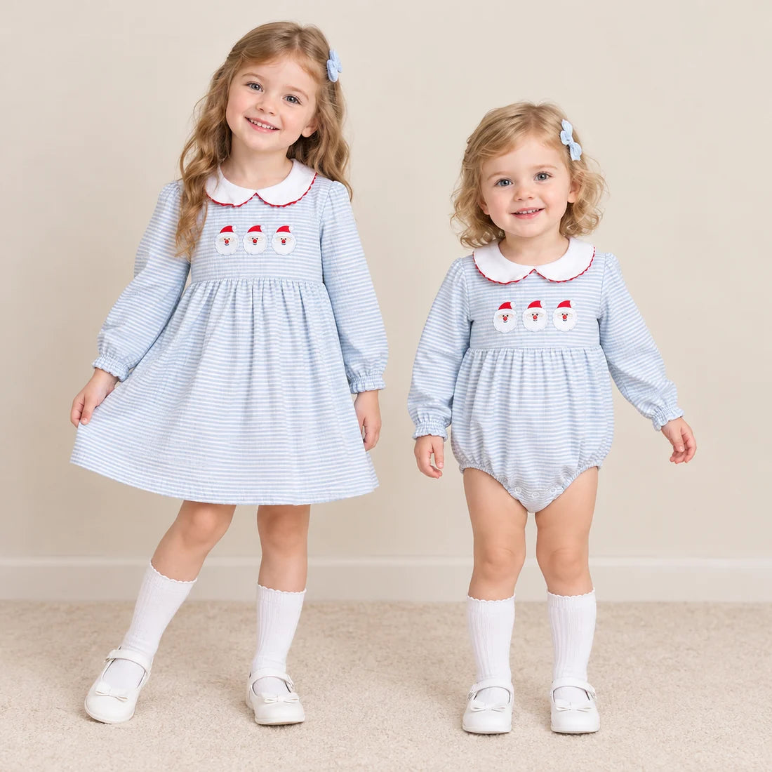 Sibling Baby Girls Christmas Embroidery Santa Striped Long Sleeve Dress and Romper