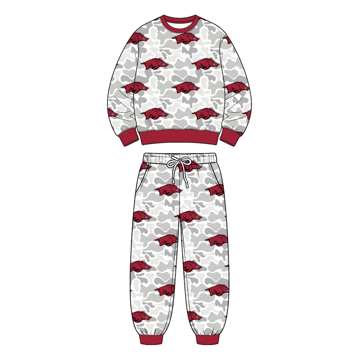 (Custom Design Preorder MOQ 5 Each)Teams Logo Camo Print Long Sleeve Top Pockets Pants Boys Clothes Set Brothers Wear