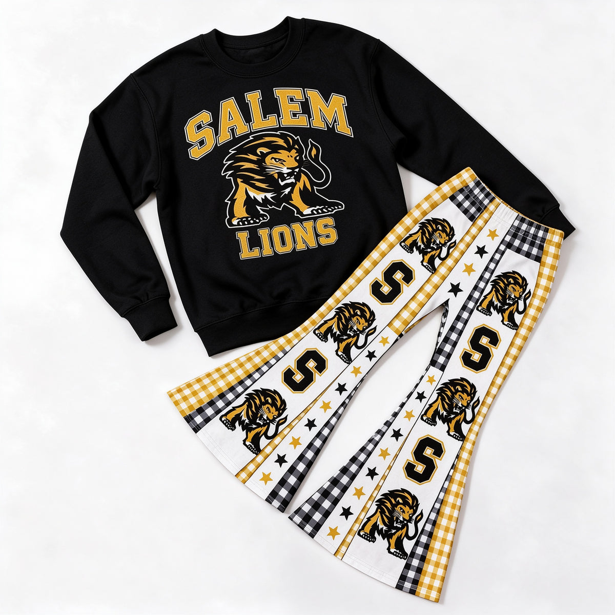 (Custom Design Preorder MOQ 5 Each) Baby Girls Sprot Team Lions Bell Bottom Pants Outfit