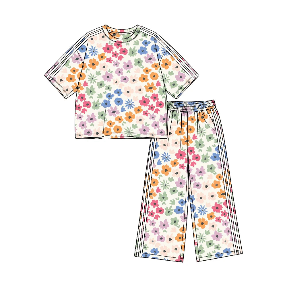 (Custom Design Preorder MOQ 5) Colorful Flowers Print Straight Pockets Pants Girls Clothes Set