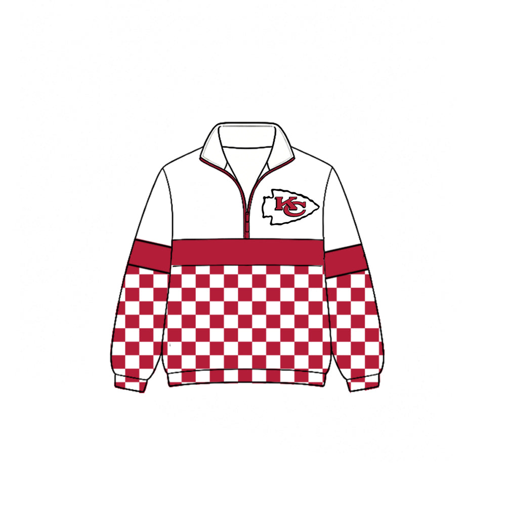 (Custom Design Preorder MOQ 5)  Teams Chiefs Plaid Print Kids & Adult Long Sleeve Zipper Pullover Jacket