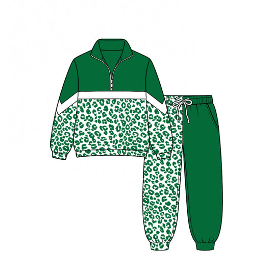 (Custom Design Preorder MOQ 5) Teams Green Leopard Zipper Pullover Top Split Joggers Pants Girls Kids Fall Clothes Set