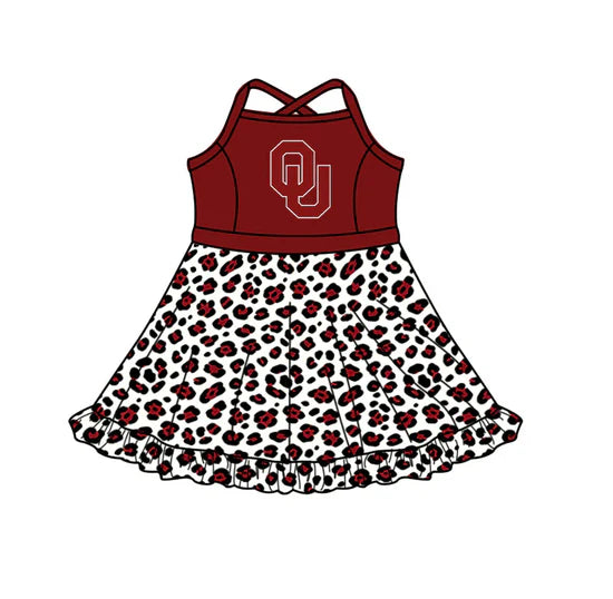(Custom  Preorder MOQ 5) Baby Girls Strap Leopard OU Team Knee Length Dress