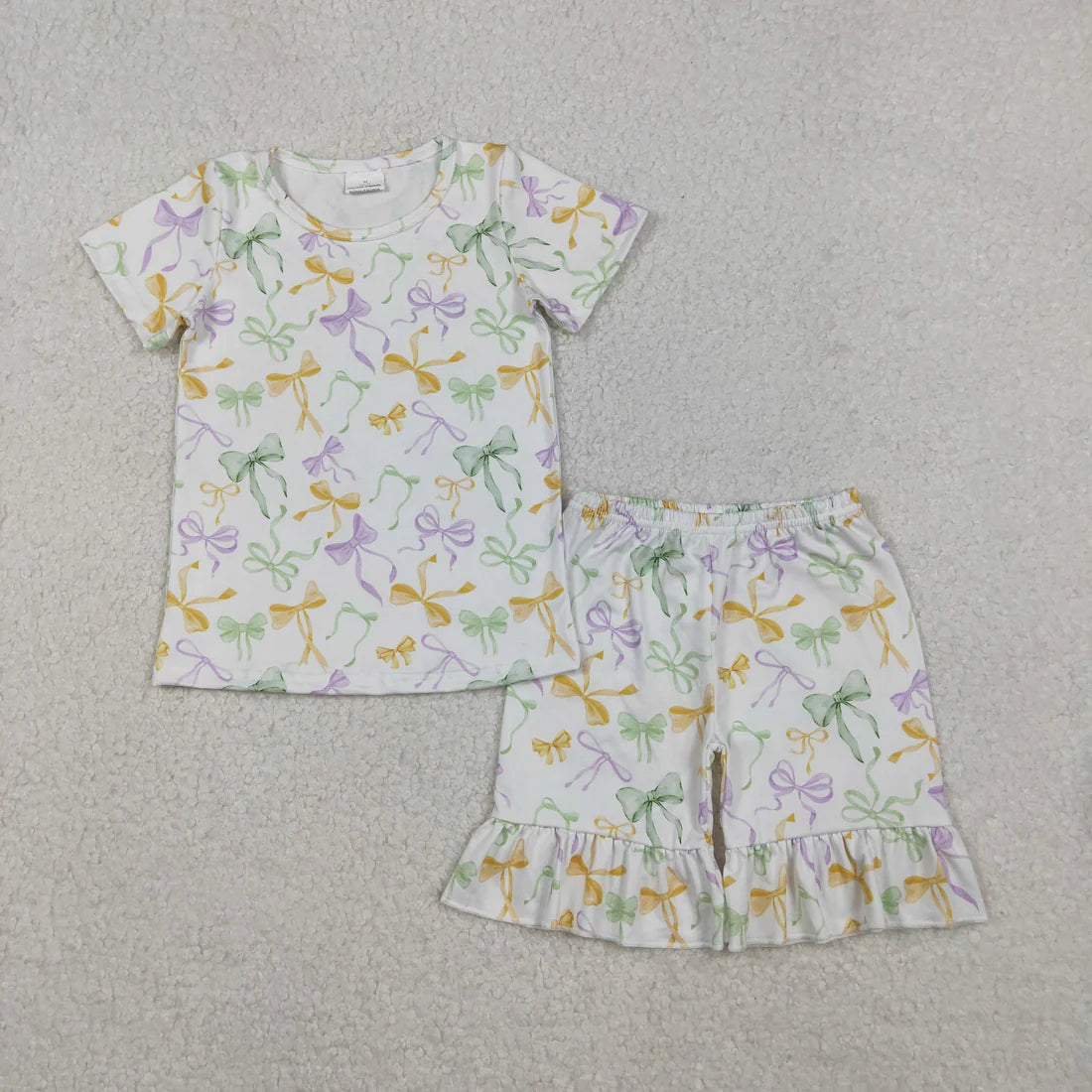 Baby Girls Mardigras Bows Plaid Top Ruffle Shorts Pajamas Sets