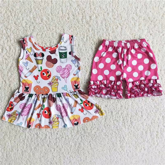 (Promotion)Cartoon Mouse Food Sleeveless Top Dots Shorts Girls summer outfits   C7-11