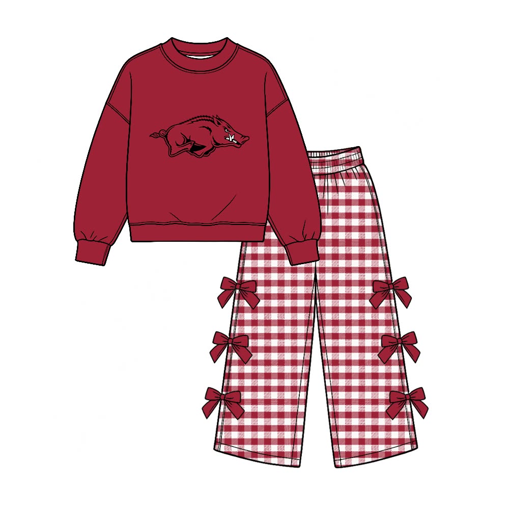 Preorder( 5  MOQ) Baby Girls Sport Team Arkansas Long Sleeve Top Gingham Pants Outfit