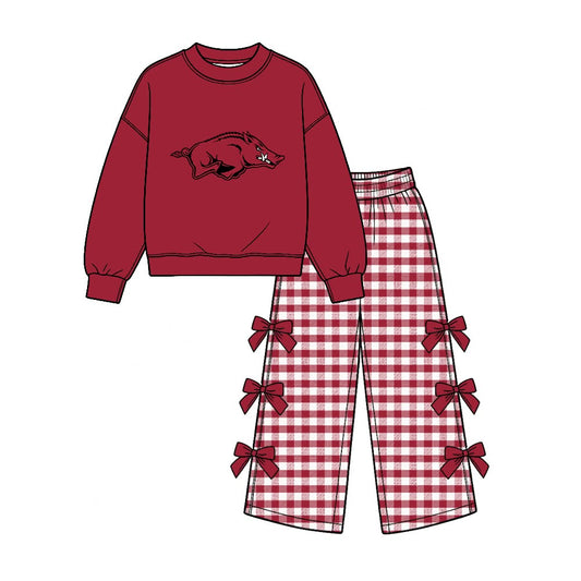 Preorder( 5  MOQ) Baby Girls Sport Team Arkansas Long Sleeve Top Gingham Pants Outfit