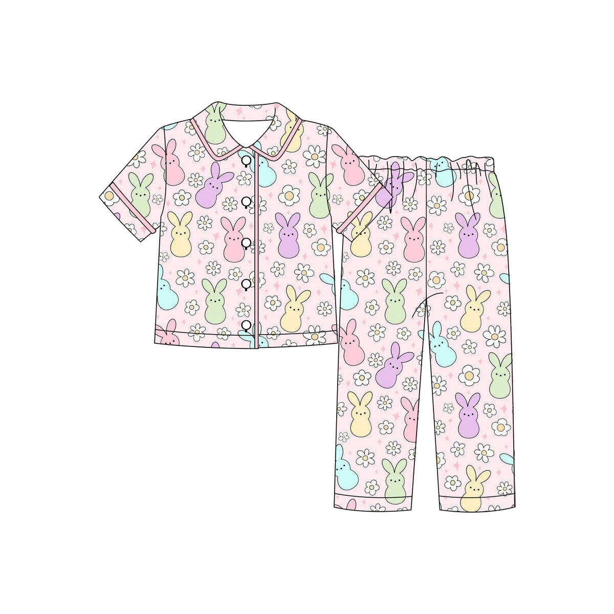 (Custom Design Preorder MOQ 5 Each)Bunny Colorful Print Girls Easter Buttons Pajamas Clothes Set Sisters Wear