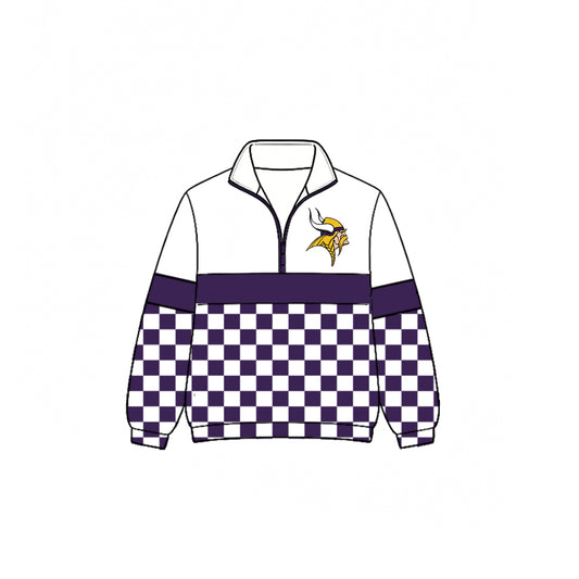 (Custom Design Preorder MOQ 5)  Teams Vikings Plaid Print Kids & Adult Long Sleeve Zipper Pullover Jacket