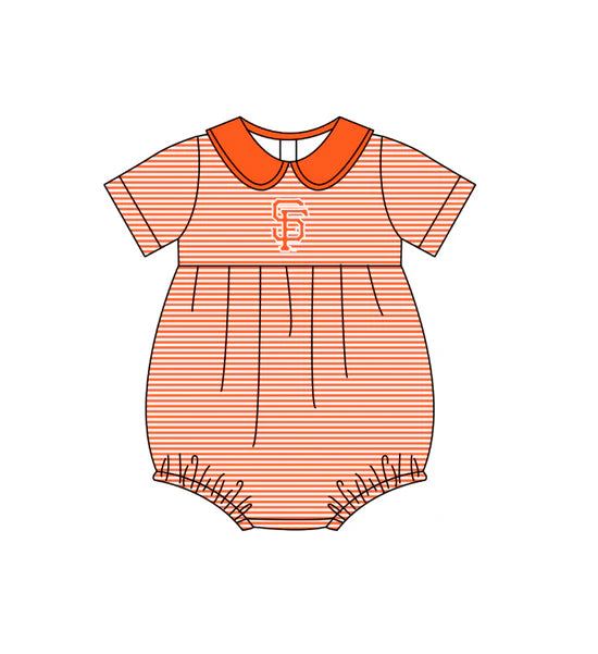 (Custom  Preorder MOQ 5) Baby Girls Short Sleeve Orange Stripe SF Team Rompers