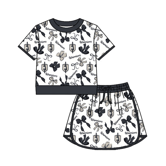 Preorder (moq 5)Baby Girls Bows Warriors Top Skirt Short Team Clothes Set