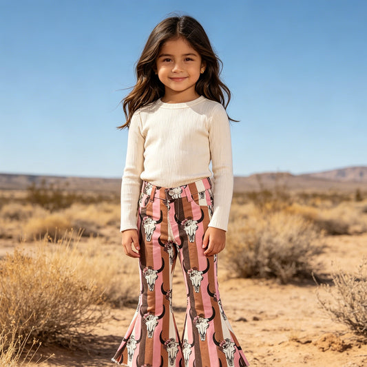 Girls Pink Brown Striped Longhorn Skull Print Flare Jeans, Western Bell Bottoms for Kids