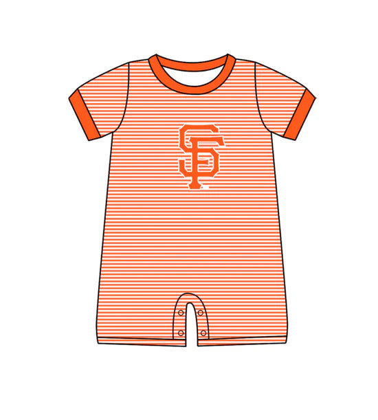 (Custom  Preorder MOQ 5) Baby Boys Short Sleeve Orange Stripe SF Team Rompers