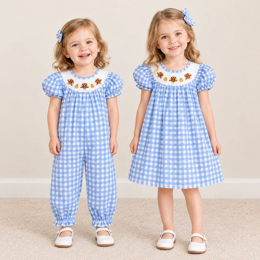 Sibling Baby Girls Thanksgving Embroidery Turkey Smocked Dress and Romper