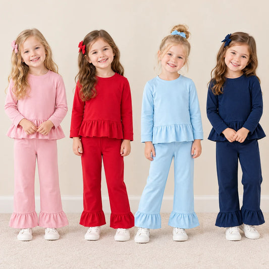 Sibling Kids Girls  Solid Color Long Sleeve Tunic Top Ruffle Pants Outfit