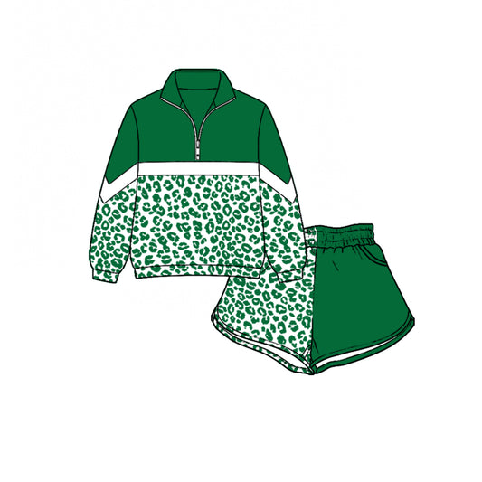 (Custom Design Preorder MOQ 5) Teams Green Leopard Zipper Pullover Top Split Shorts Girls Kids Clothes Set