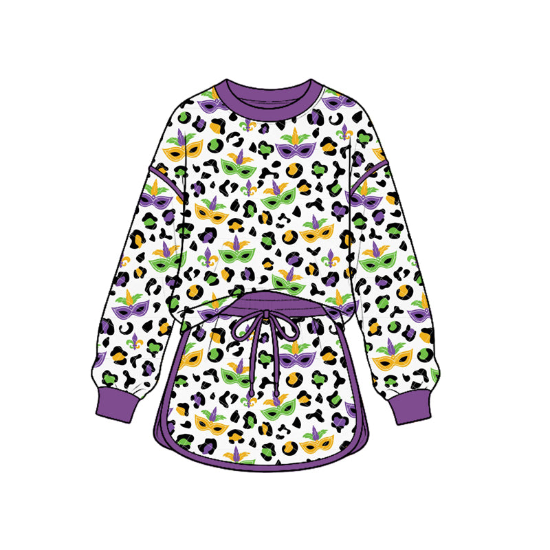(Custom Design Preorder MOQ 5 Each) Mask Leopard Print Girls Mardi Gras Clothes Set Sisters Wear