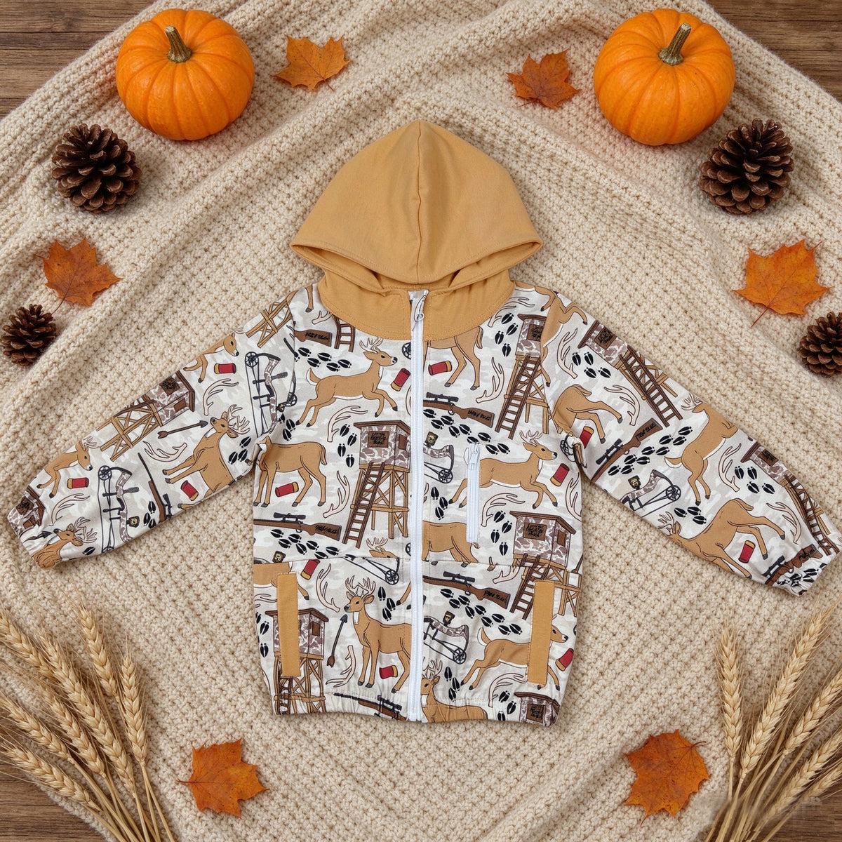 BT1567 Deer Camo Hunting Print Boys Zipper Pockets Jackets Hoodie Top