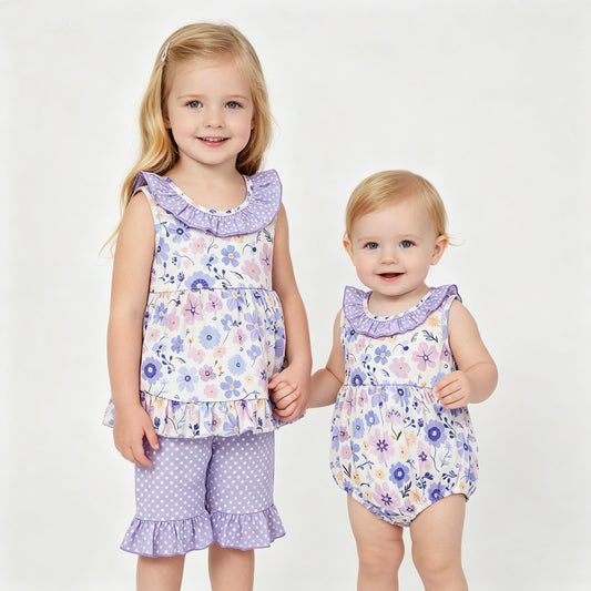 Sibling Baby Girls Lavender Flowers Bow Tunic Ruffle Shorts Clothes Sets Rompers