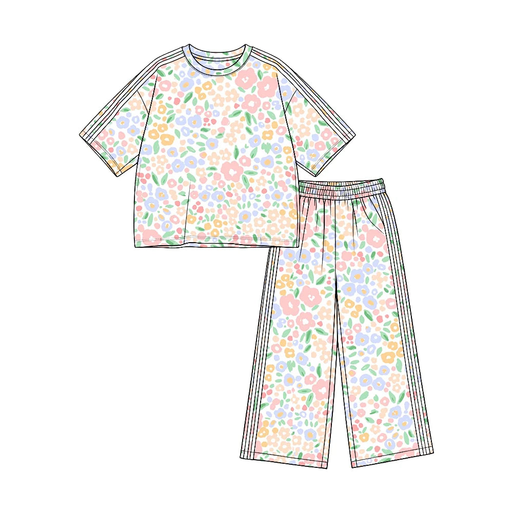 (Custom Design Preorder MOQ 5) Colorful Flowers Print Straight Pockets Pants Girls Clothes Set