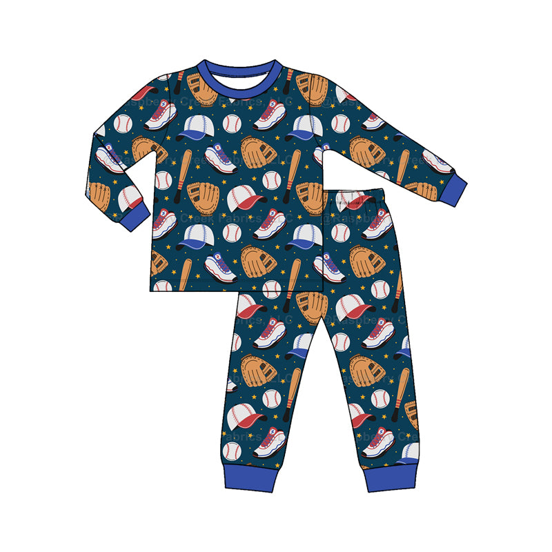 (Custom Design Preorder MOQ 5 Each)Baseball Print Boys Fall Pajamas Clothes Set Brothers Wear