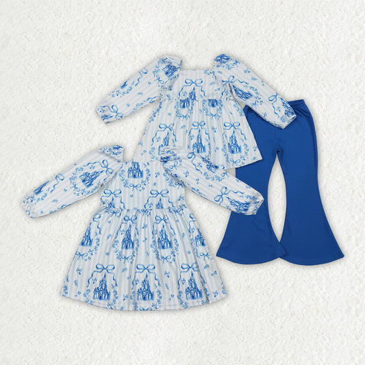 Sibling Baby Girls Blue Stripe Bows Castles Tunic Bell Bottom Clothes Set Knee Length Dresses