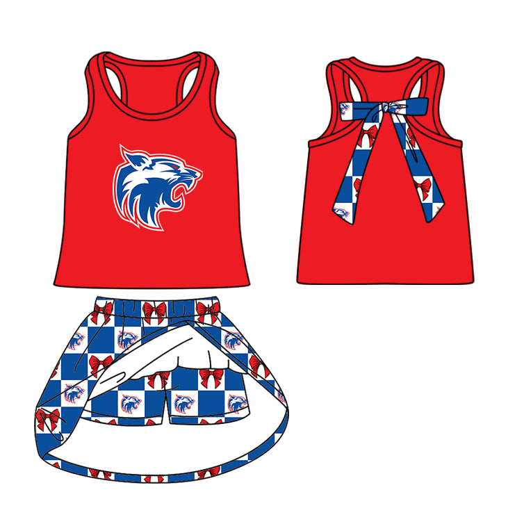 (Custom Design Preorder MOQ 5 Each Item) Teams Wildcat Bows Blue Plaid Print Kids Clothes Sibling & Family Matching Styles