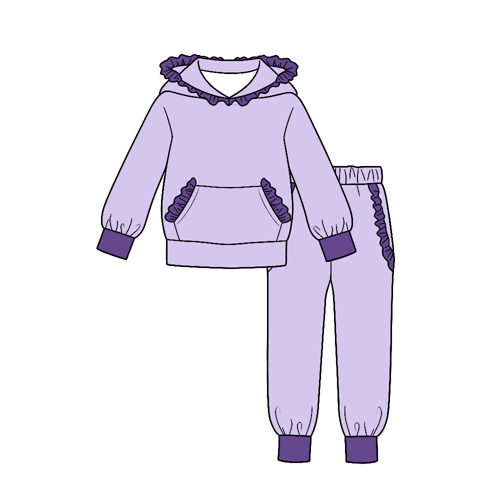 (Custom Design Preorder MOQ 5) Purple Cotton Ruffles Hoodie Top Pockets Joggers Pants Girls Clothes Set