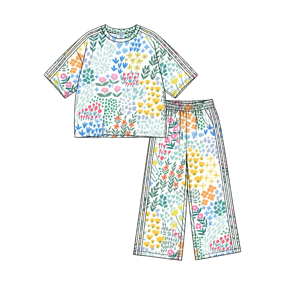 (Custom Design Preorder MOQ 5) Colorful Flowers Print Straight Pockets Pants Girls Clothes Set