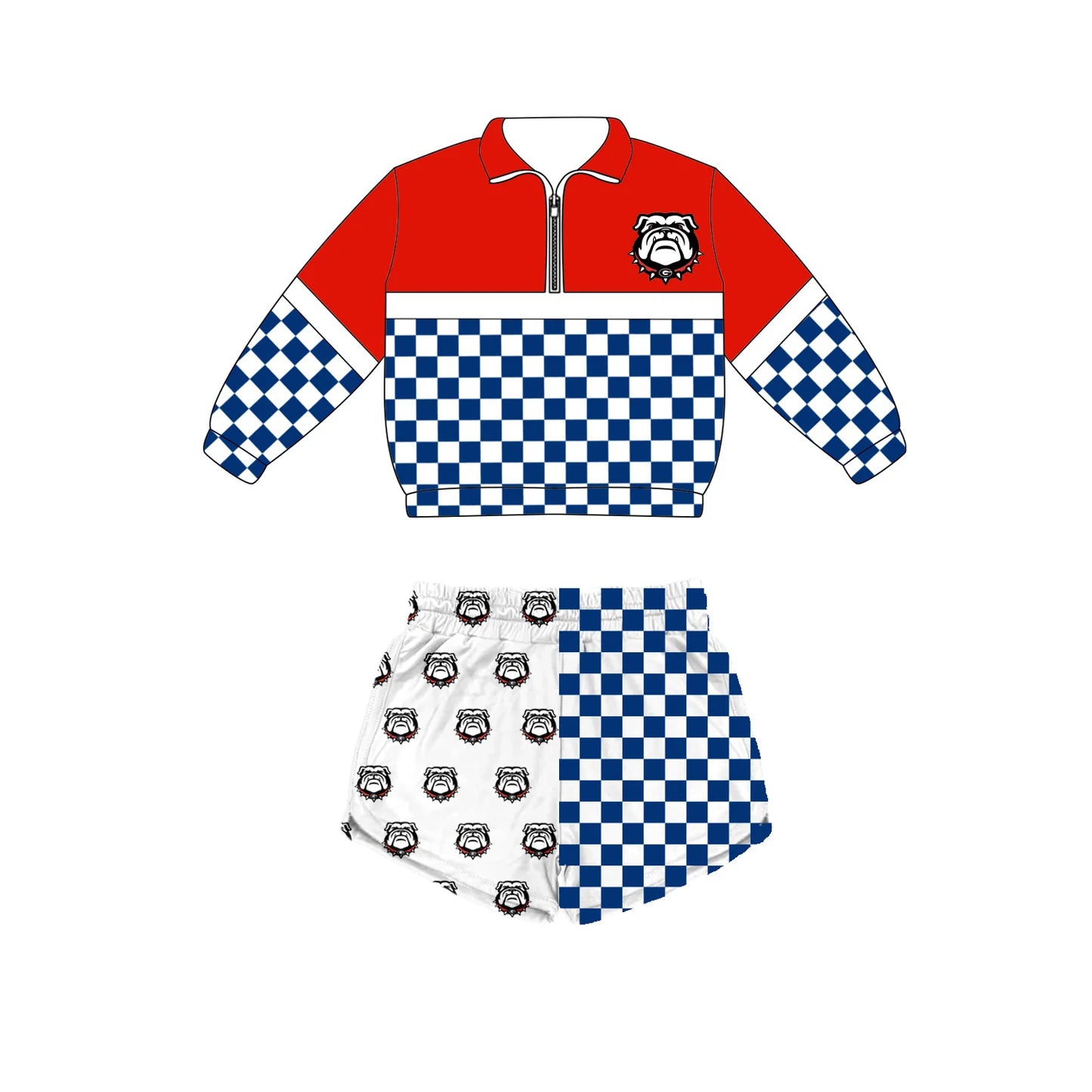 Custom moq 5 mix size summer teams Baby Plaid Long Sleeved Zip Up Top And Shorts Set