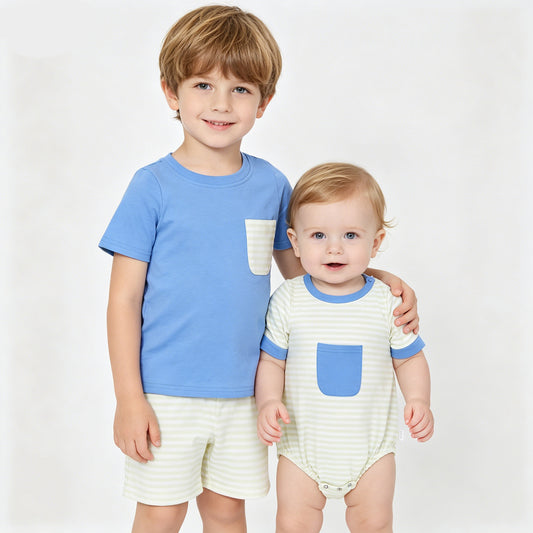 Baby Boys Blue Pocket Sibling Brother Rompers Clothes Sets
