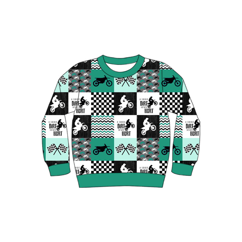 (Custom Design Preorder MOQ 5)  Motorcycle Plaid Green Print Kids Long Sleeve Tee Shirts Top