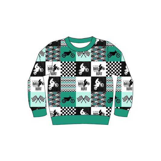 (Custom Design Preorder MOQ 5)  Motorcycle Plaid Green Print Kids Long Sleeve Tee Shirts Top