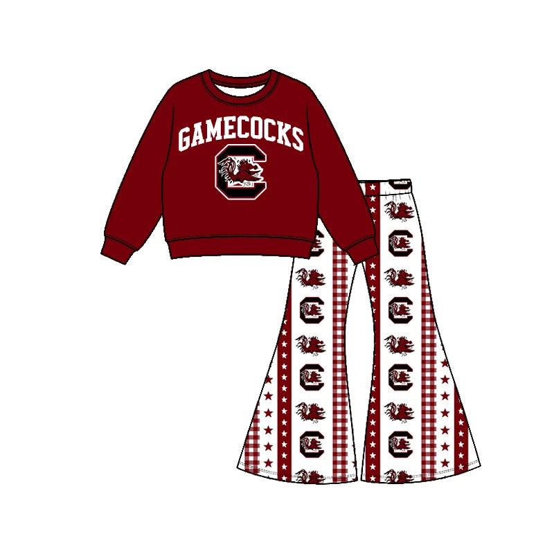 Preorder( 5  MOQ) Baby Girls Sport Team Gamecocks Long Sleeve Top Bell Bottom Pants Outfit