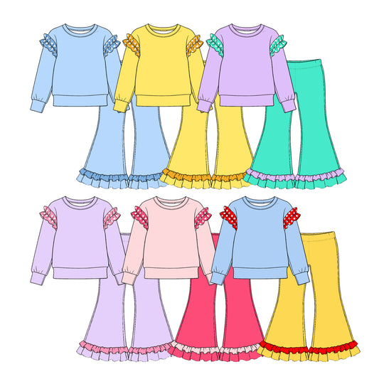 (Custom Design Preorder MOQ 5 Each) Cartoon Princess Blank Cotton Girls Ruffles Clothes Set Sisters Wear