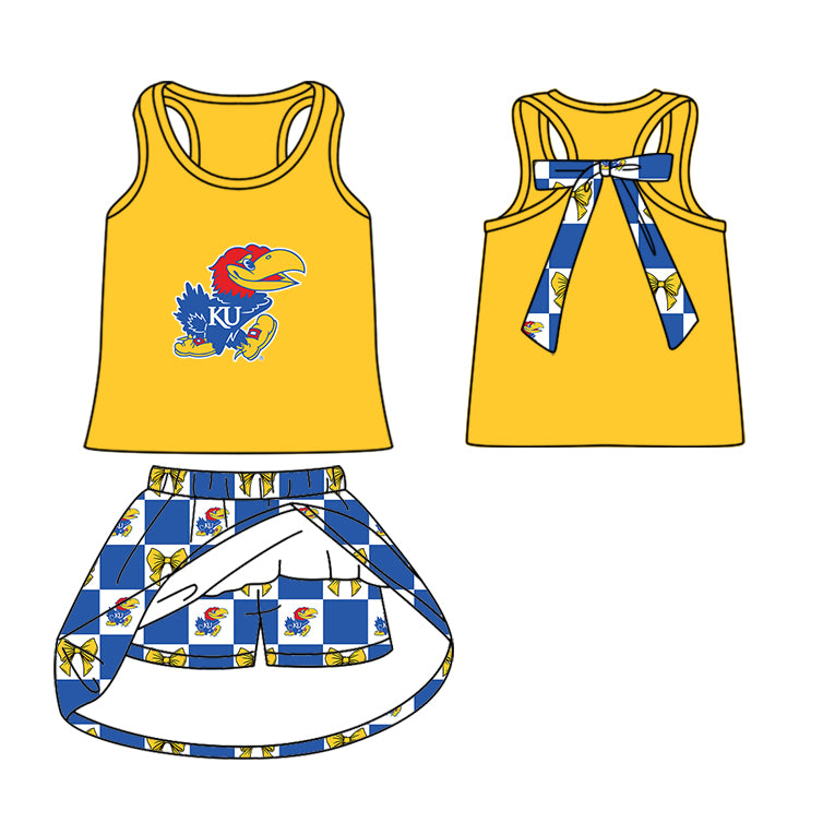 (Custom Design Preorder MOQ 5 Each Item) Teams Kansas Jayhawks Bows Blue Plaid Print Kids Clothes Sibling & Family Matching Styles