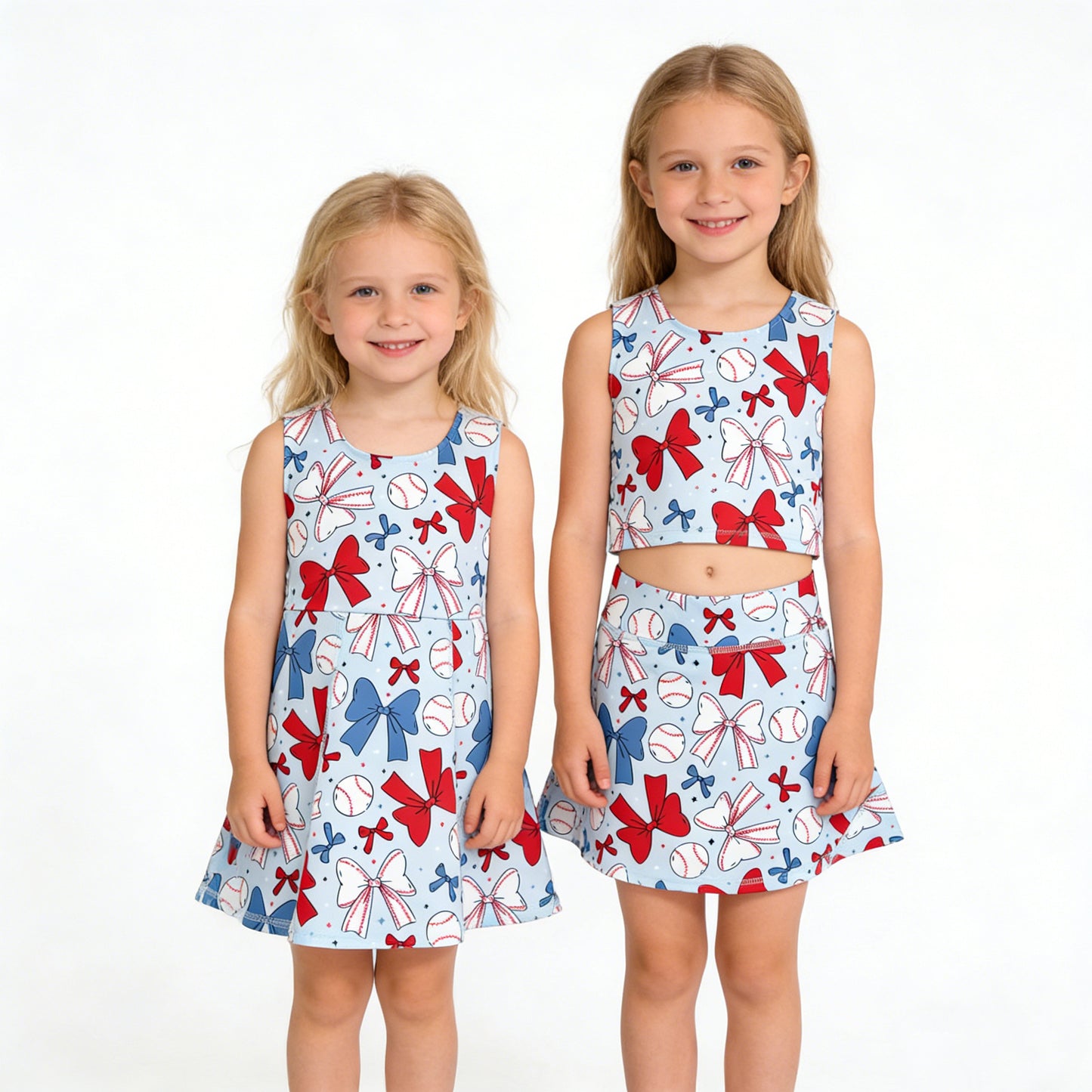 Sibling Baby Girls Baseball 4th Of July Yoga Active Wear Vest Skort Sets Knee Length Dresses