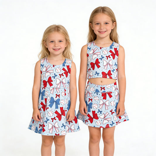 Sibling Baby Girls Baseball 4th Of July Yoga Active Wear Vest Skort Sets Knee Length Dresses