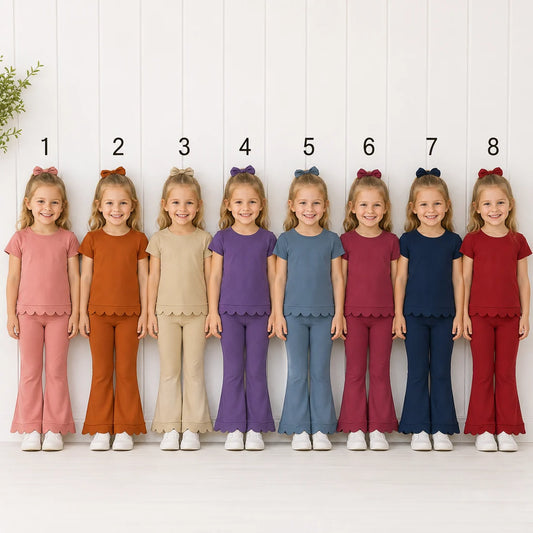 Sibling Baby Girls Solid Color Short Sleeve Scallop Top with bell Bottom Pants Outfit