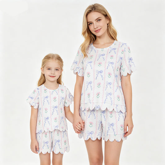 Mommy and Me Floral Bow Scallop Outfits, Short Sleeve Two Piece Set for Mother Daughter