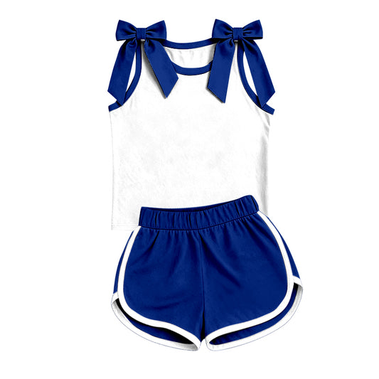 (Custom Design Preorder MOQ 5) Teams Navy Bows White Vest Top Navy Shorts Mommy and Me Summer Cotton Clothes Set