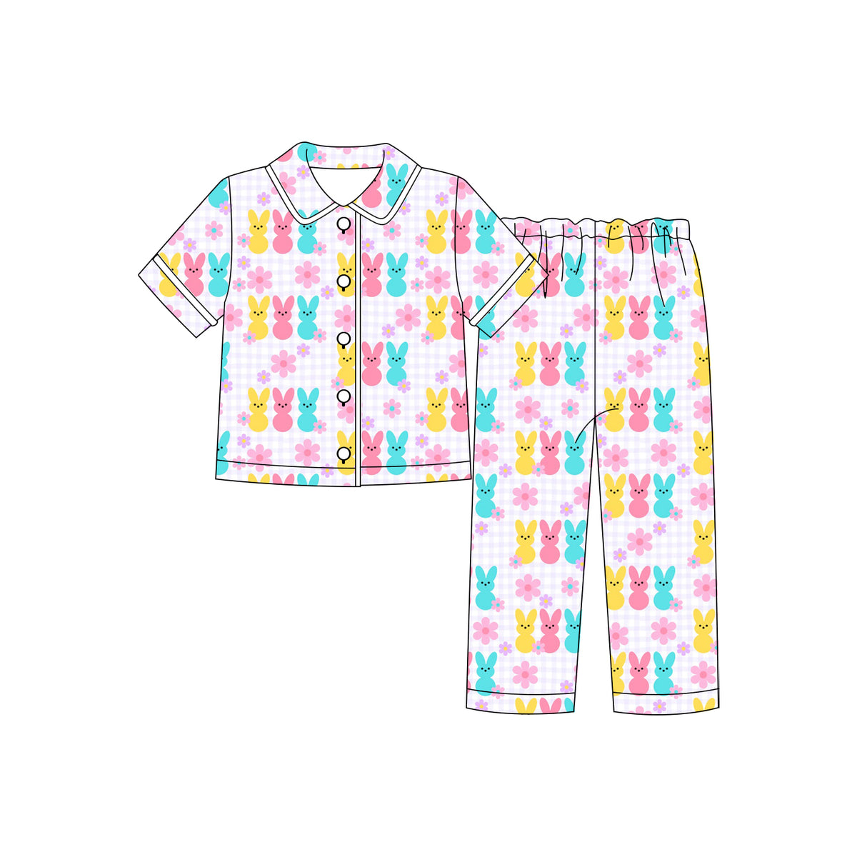 (Custom Design Preorder MOQ 5 Each)Bunny Colorful Print Girls Easter Buttons Pajamas Clothes Set Sisters Wear