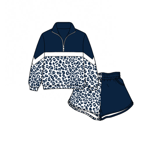 (Custom Design Preorder MOQ 5) Teams Navy Leopard Zipper Pullover Top Split Shorts Girls Kids Clothes Set