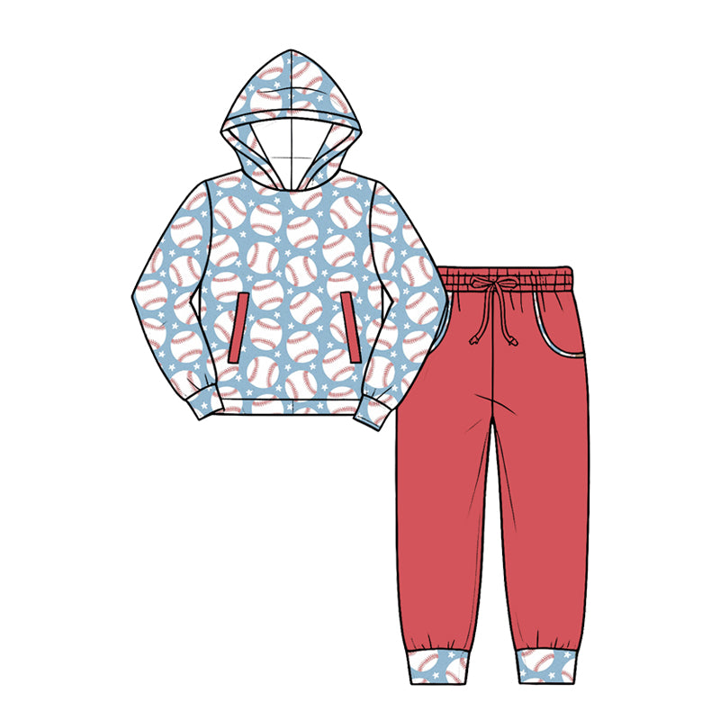 (Custom Design Preorder MOQ 5 Each)Baseball Print Hoodie Top Pockets Pants Boys Fall Clothes Set Brothers Wear