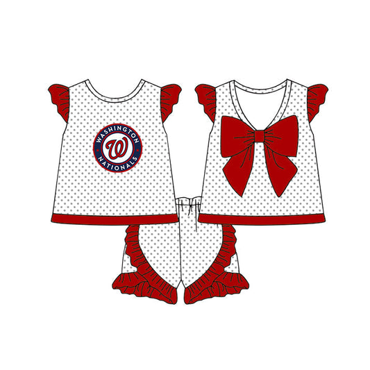 Preorder (moq 5)Baby Girls Nationals Polka Dots Back Bow Tunic Ruffle Shorts Team Clothes Sets