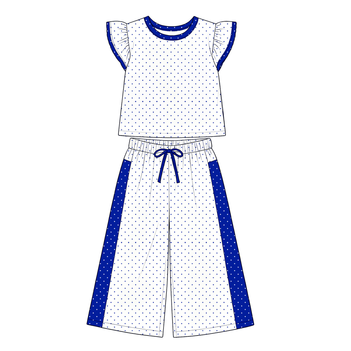 (Custom Design Preorder MOQ 5) Teams Royal Blue White Polka Dot Ruffle Sleeve Top with Wide Pants Outfit