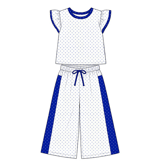 (Custom Design Preorder MOQ 5) Teams Royal Blue White Polka Dot Ruffle Sleeve Top with Wide Pants Outfit