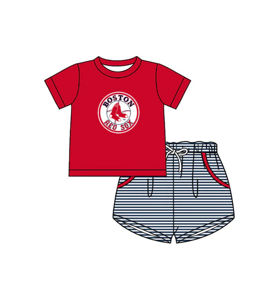 (Custom  Preorder MOQ 5) Baby Boys Boston Red Sox Top Pockets Stripe Short Team Clothes Set